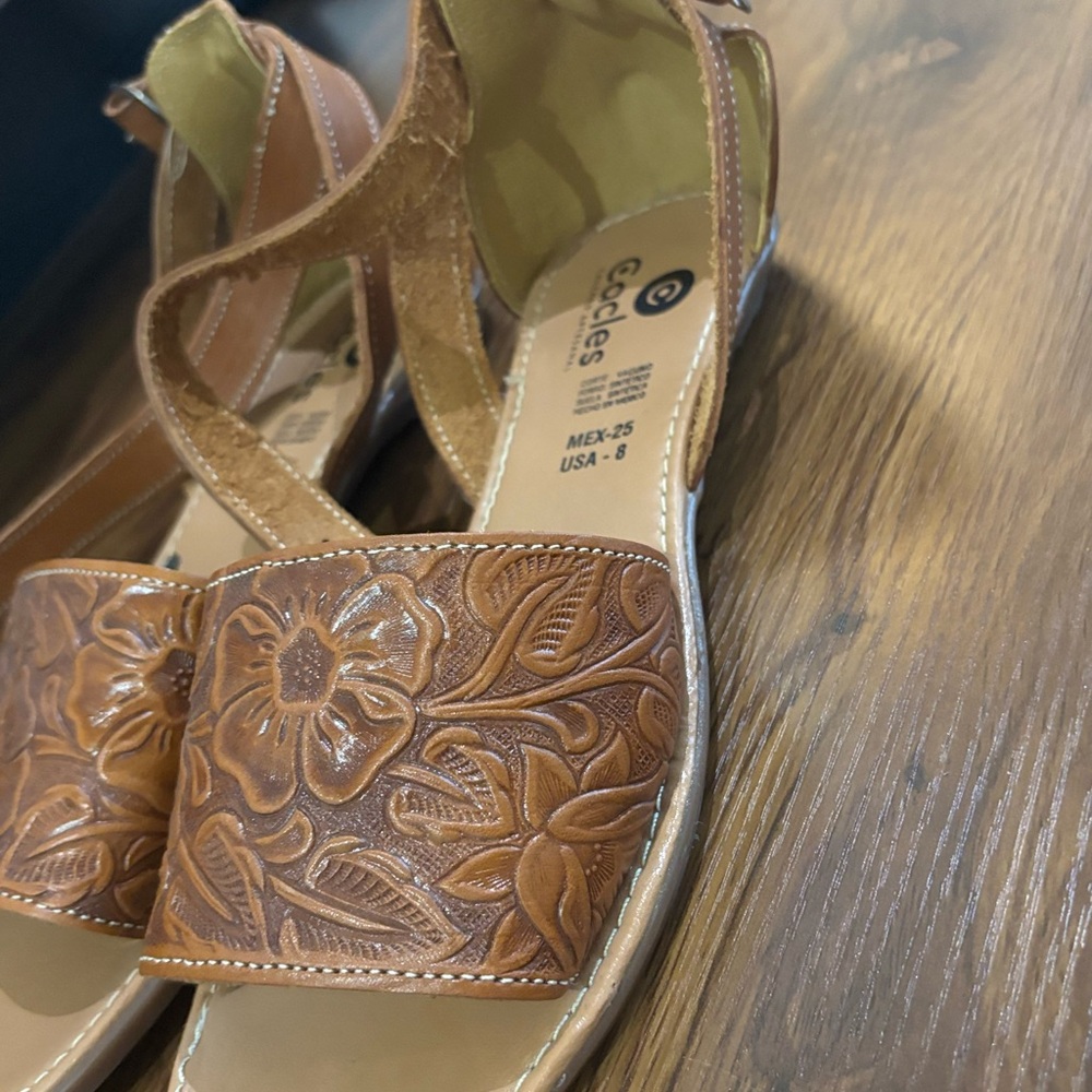 Women's Tan Floral Tooled Leather Slide Sandals - Picture 3 of 5
